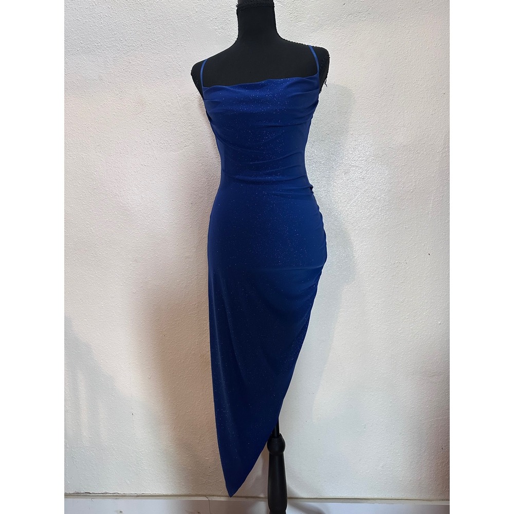 Royal Blue Glitter Cowl Neck Asymmetrical Bodycon Prom Dress Adjustable Straps